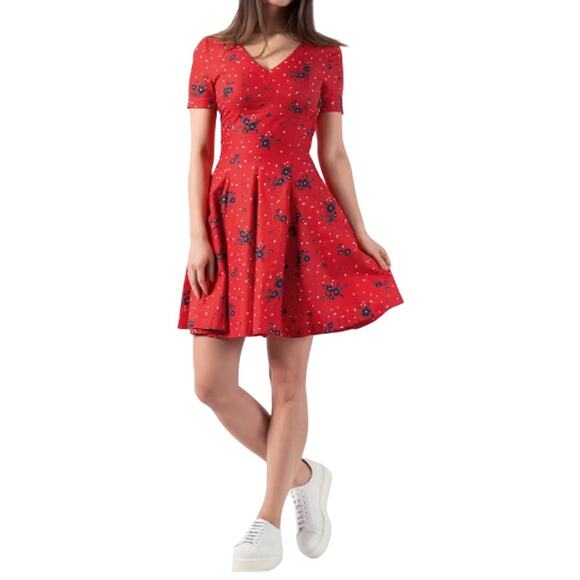 Band Of Outsiders Twee Red Mini Dress Blue Floral Print Cotton V Neck Full Skirt - Picture 3 of 13